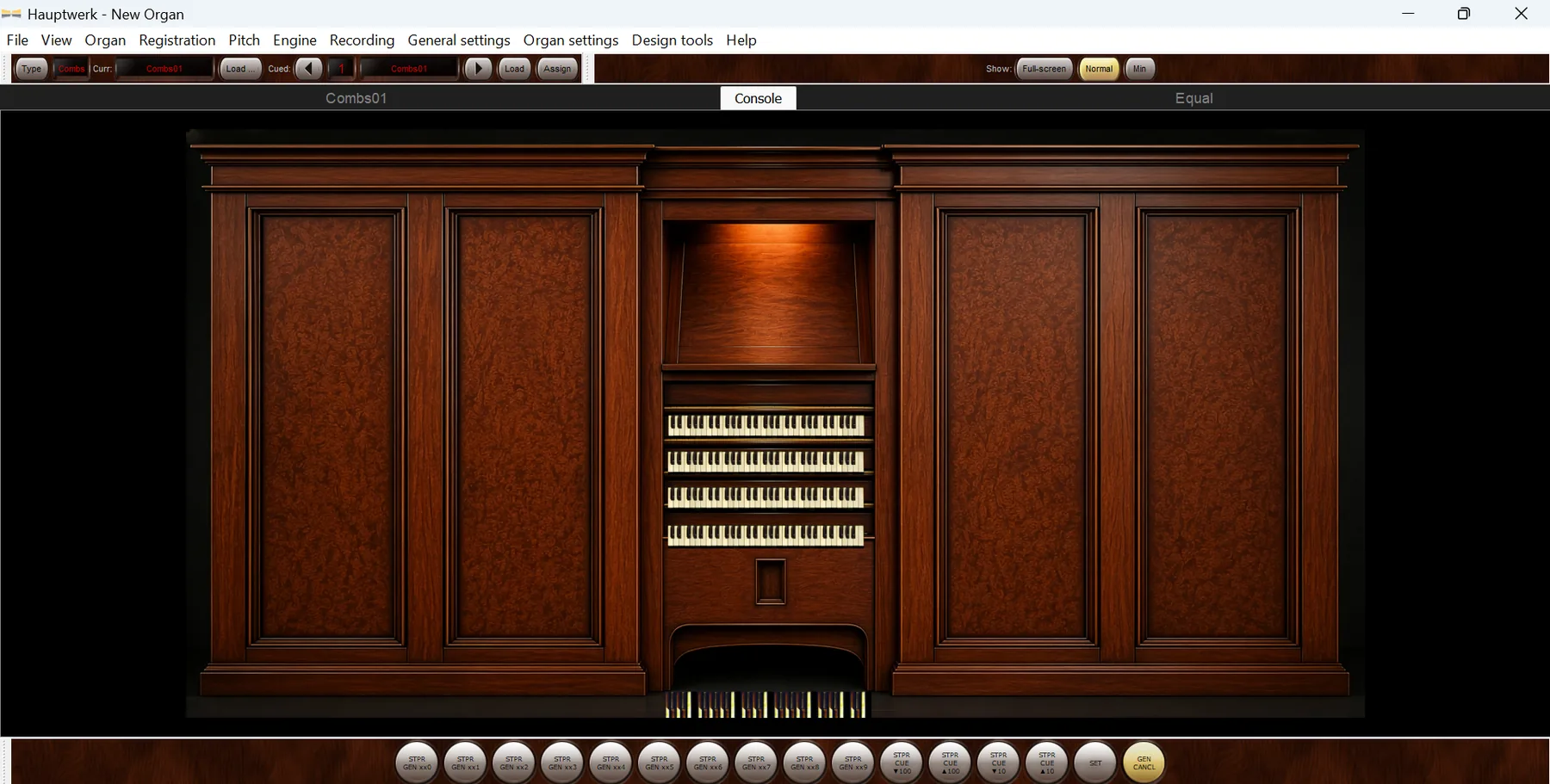 Console Craft canvas editor displaying a Cavaillé-Coll style organ console layout.