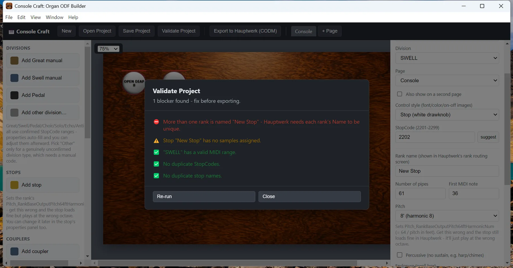 Project validation diagnostics screen.